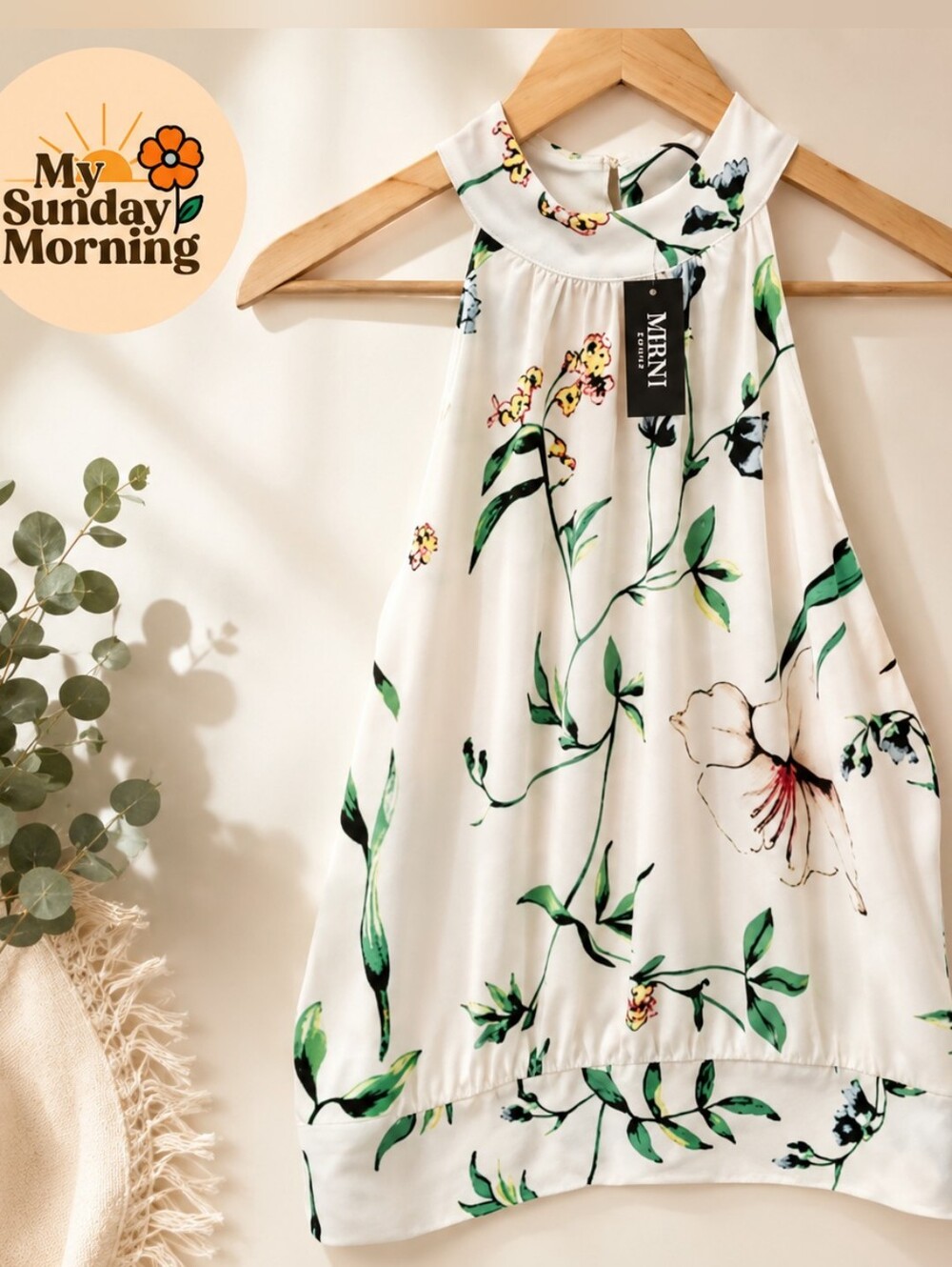 WHBM Floral Halter Top NWT Size S White Green Sleeveless Blouse